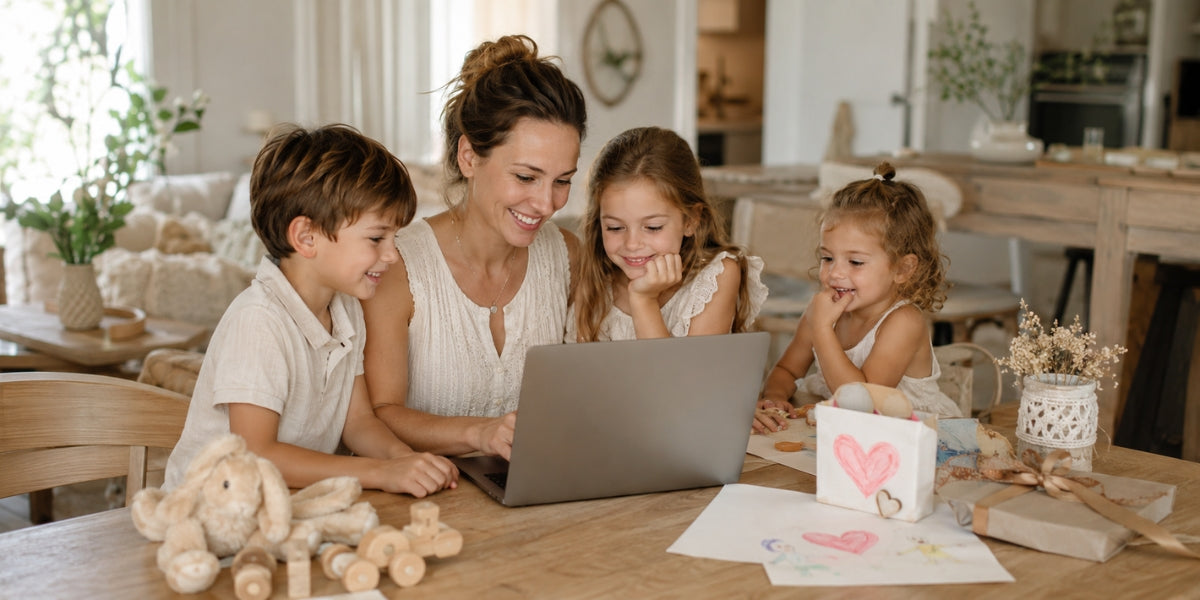Maman et ses trois enfants préparant une chanson personnalisée comme cadeau de fin d’année scolaire pour une maîtresse ou une nounou