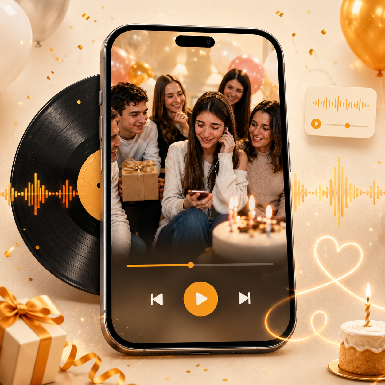 Jeune femme écoutant une chanson personnalisée d’anniversaire entourée de sa famille, cadeau émotionnel DoRémi Souvenirs
