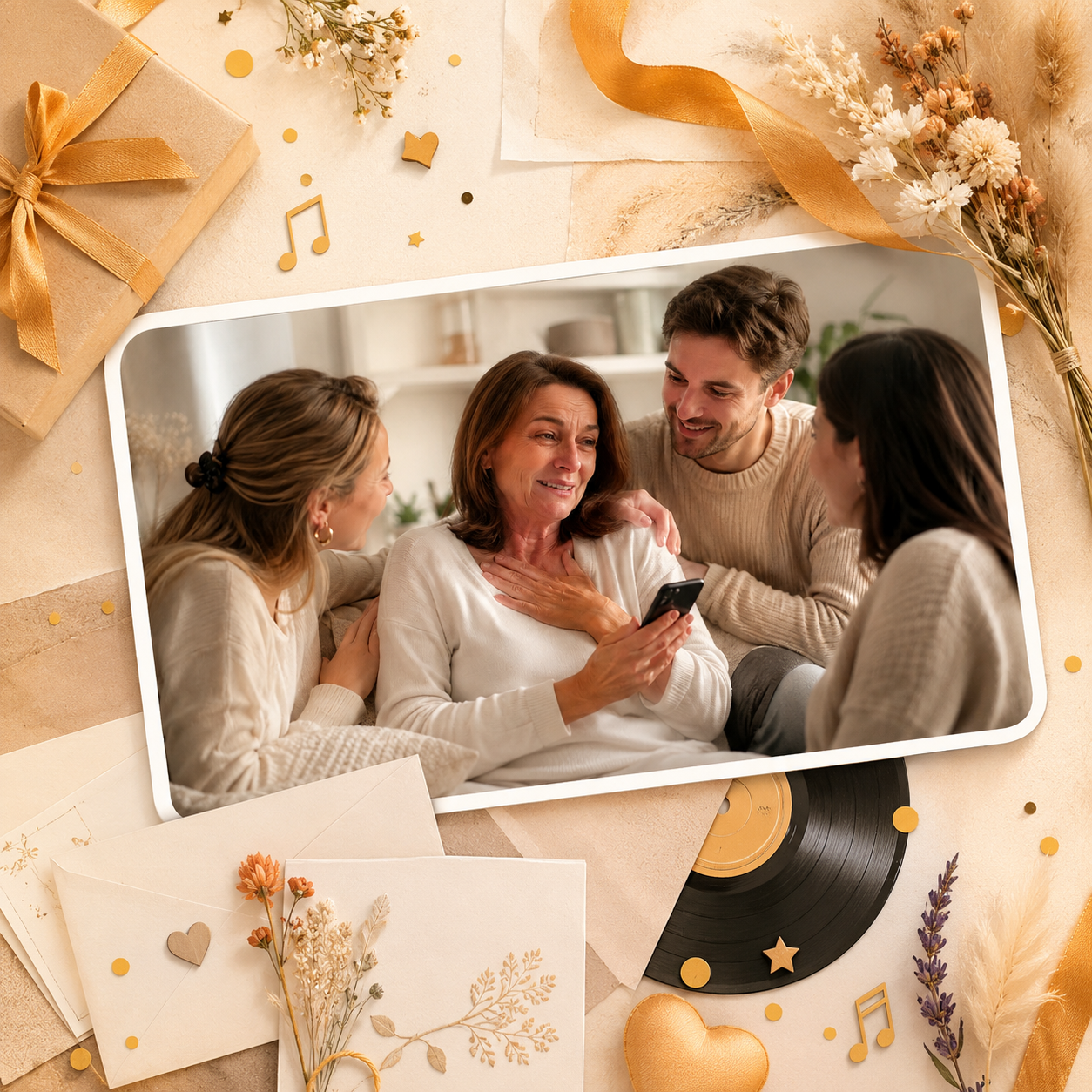 Une femme émue écoute une chanson personnalisée offerte par ses proches pour une occasion spéciale