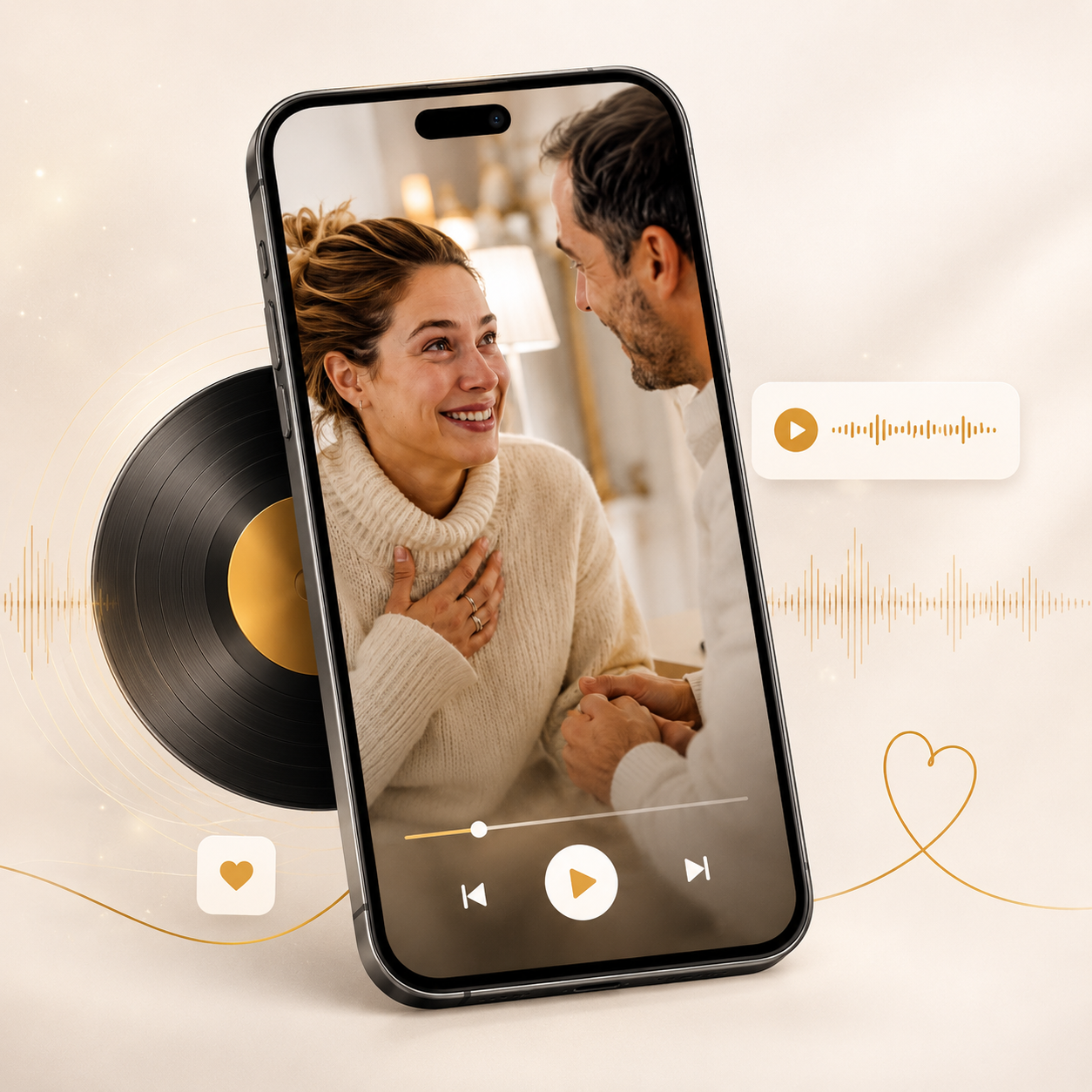 Femme émue recevant une chanson personnalisée de déclaration pour dire je t’aime ou annoncer une grande surprise, DoRéMi Souvenir