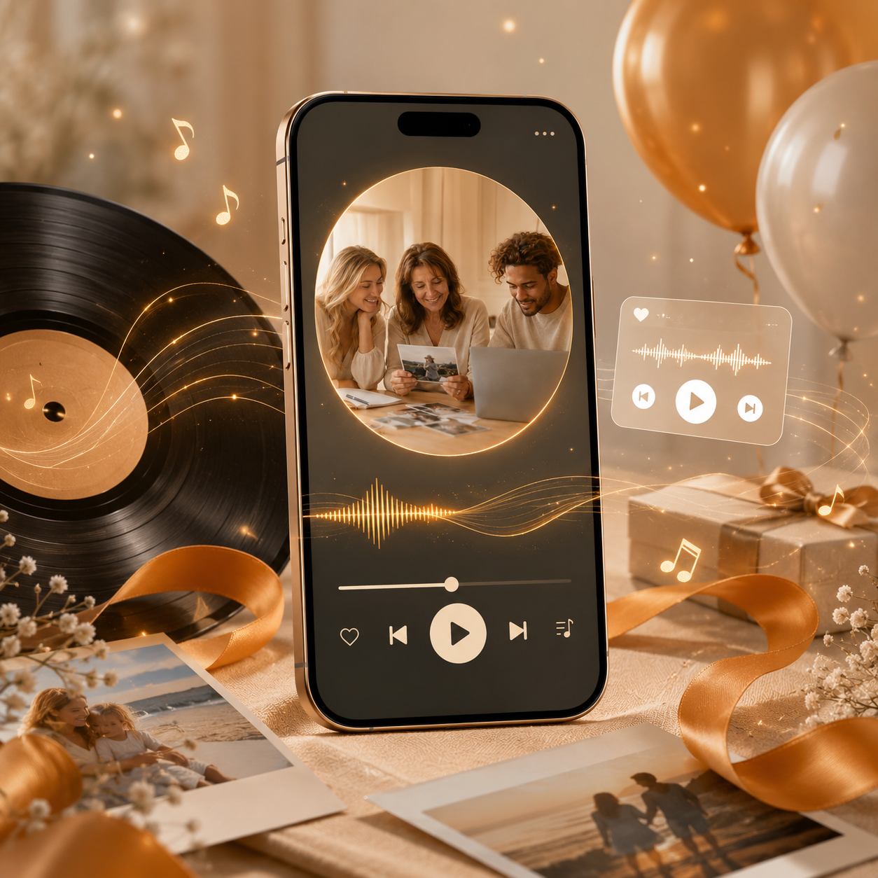 Famille préparant une chanson personnalisée DoRémi Souvenir pour offrir un cadeau émouvant lors d’un événement joyeux
