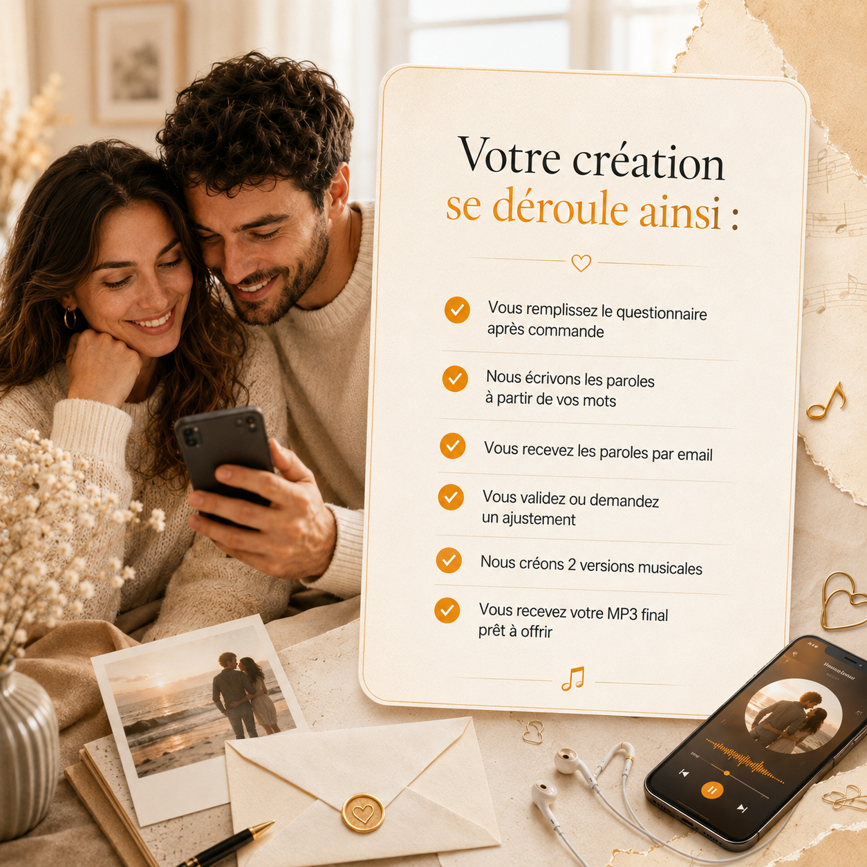 Processus de création d’une chanson personnalisée DoRémi Souvenir avec questionnaire, paroles validées, 2 versions musicales et MP3 prêt à offrir