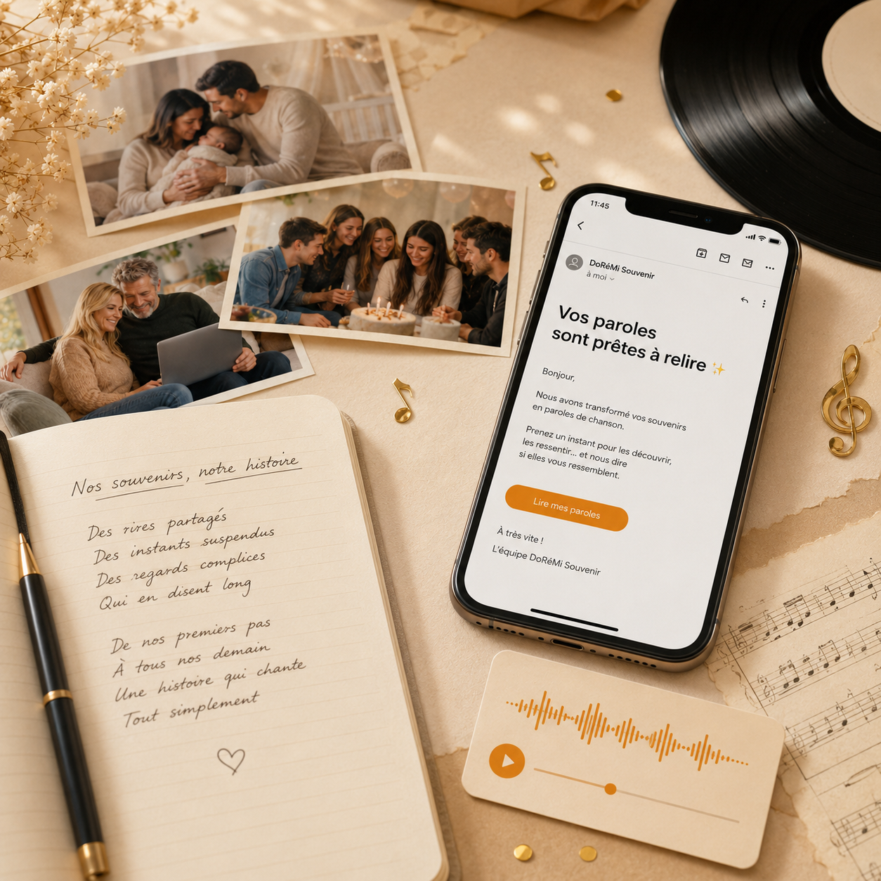 Création d’une chanson personnalisée à partir de souvenirs avec carnet de paroles, photos souvenirs, téléphone affichant un email de validation et lecteur audio DoRémi Souvenir.