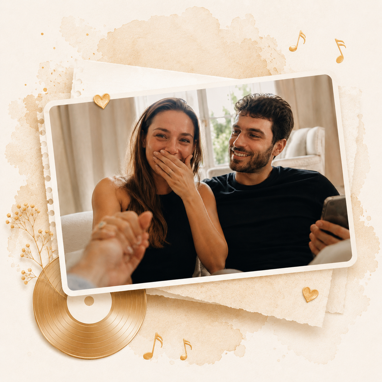 Couple ému écoutant une chanson personnalisée offerte en cadeau, créée sur mesure par DoRémi Souvenir