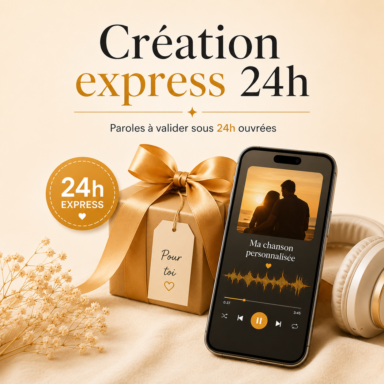 Création des paroles de votre chanson personnalisée en 24h, cadeau de dernière minute émouvant et prêt à offrir avec DoRémi Souvenir.