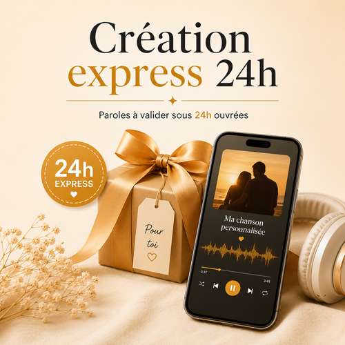 Création des paroles de votre chanson personnalisée en 24h, cadeau de dernière minute émouvant et prêt à offrir avec DoRémi Souvenir.